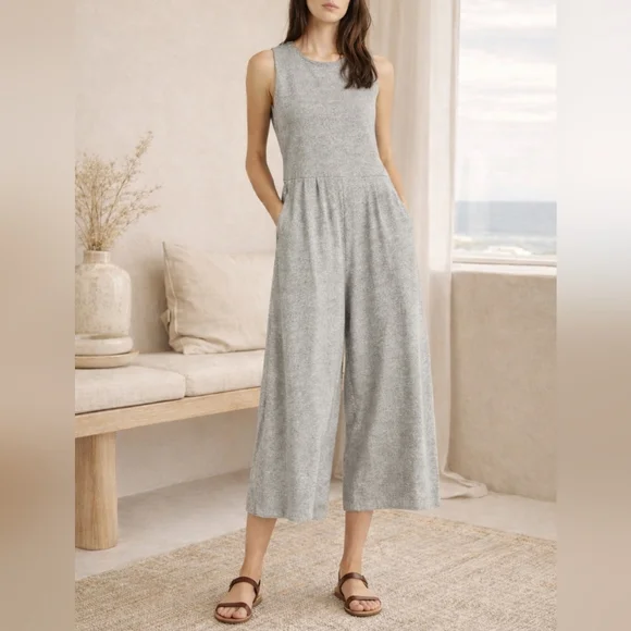 Eileen Fisher Organic Cotton Gray Jumpsuit Wide Leg Cropped Minimalist Pockets M - Picture 4 of 13